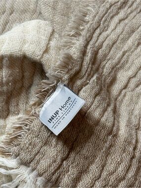 INUP Home Textured 100% Cotton Throw Fringed Beige Cream Stripe 72”x52” Portugal